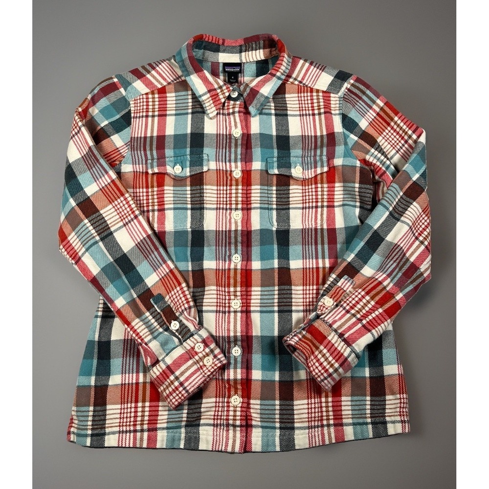 Patagonia Fjord Flannel Shirt‎ Womens 4 Bay Laurel Toasted White Plaid 53915